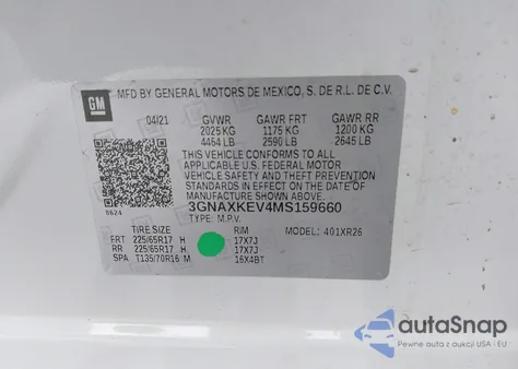 2021 Chevrolet Equinox Fwd Lt из США, поврежденный, VIN 3GNAXKEV4MS159660